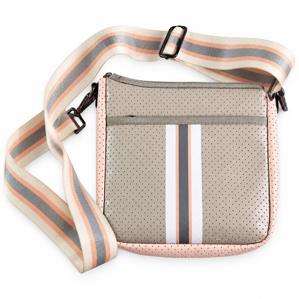 Haute Shore Beige Perforated Neoprene Crossbody Bag Striped Strap Sporty